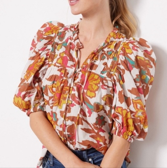 Cleobella Tops - Cleobella Multicolor Floral Puff-Sleeve Peasant Blouse